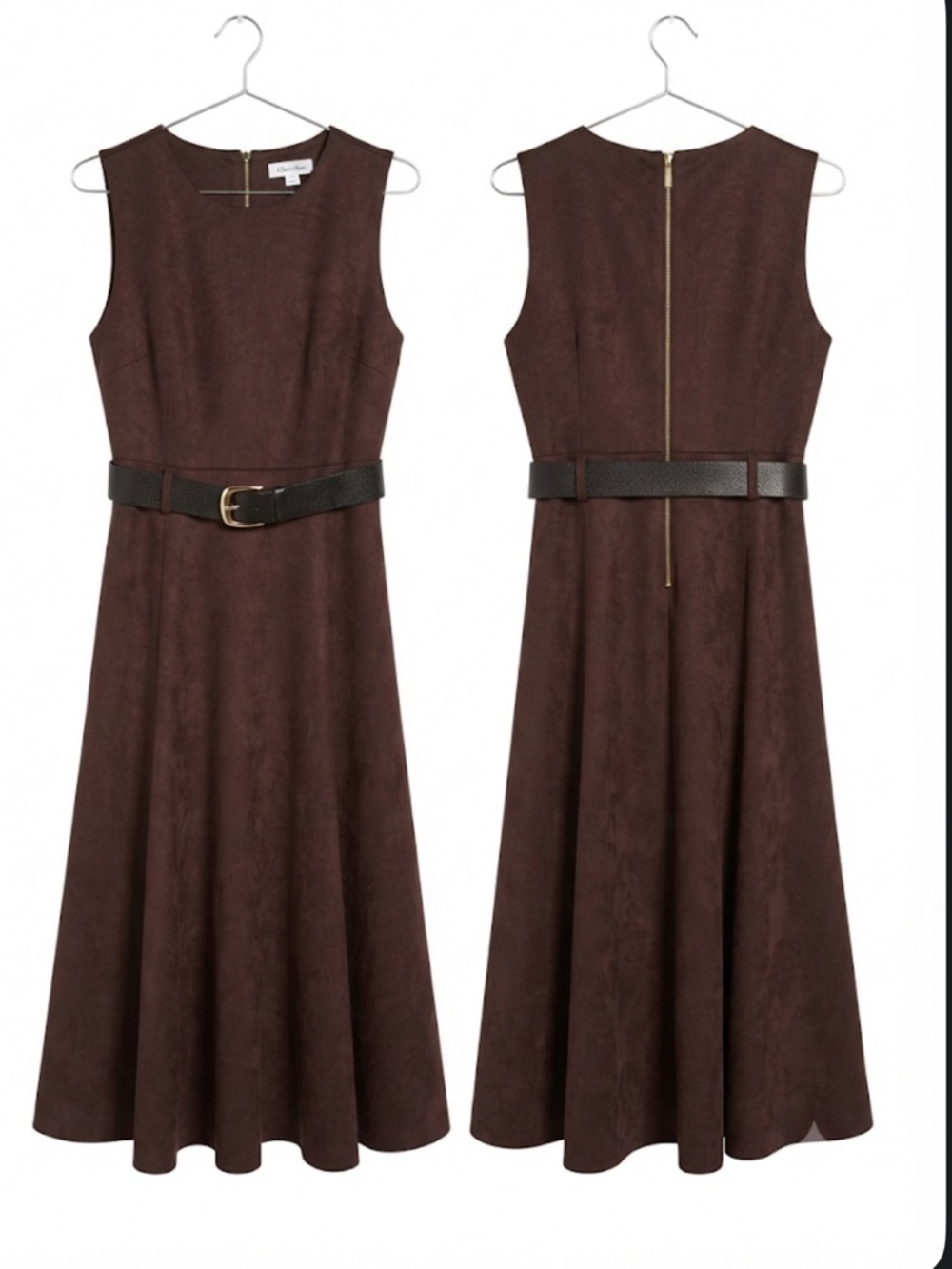 Calvin Klein Brown Faux Suede Belted A-Line Midi Dress Size 6 - Picture 3 of 12
